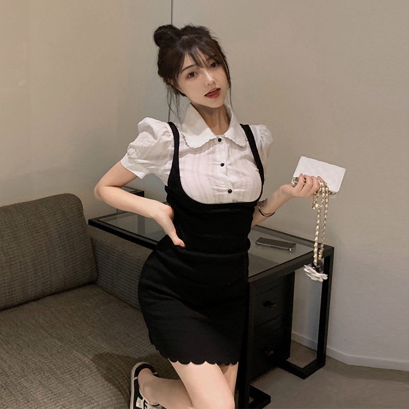 Jiashucheng Áo Đầm Giả Hai Mảnh Tay Ngắn Phồng Thời Trang Mùa Hè Kiểu Mới