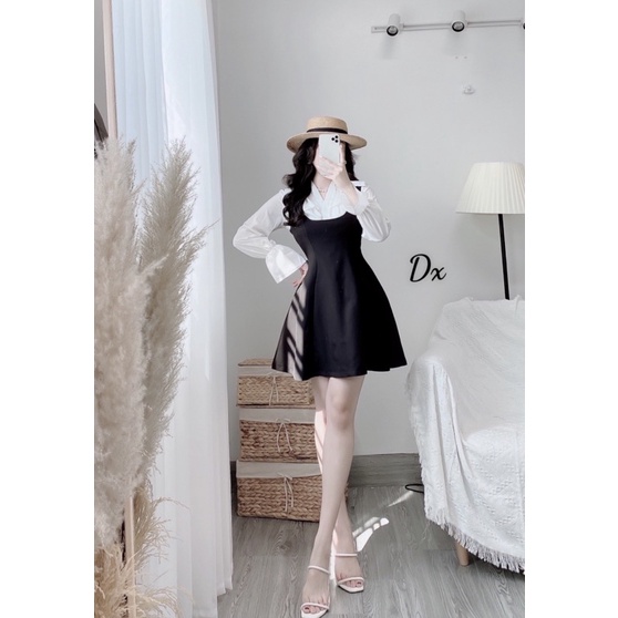 Váy yếm xoè mix sơ mi bèo tay bồng