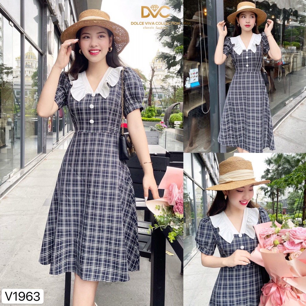 Váy kẻ caro cổ trắng dáng xòe vải Kate Nhật V1963 DVC - MH maidieuhuyen