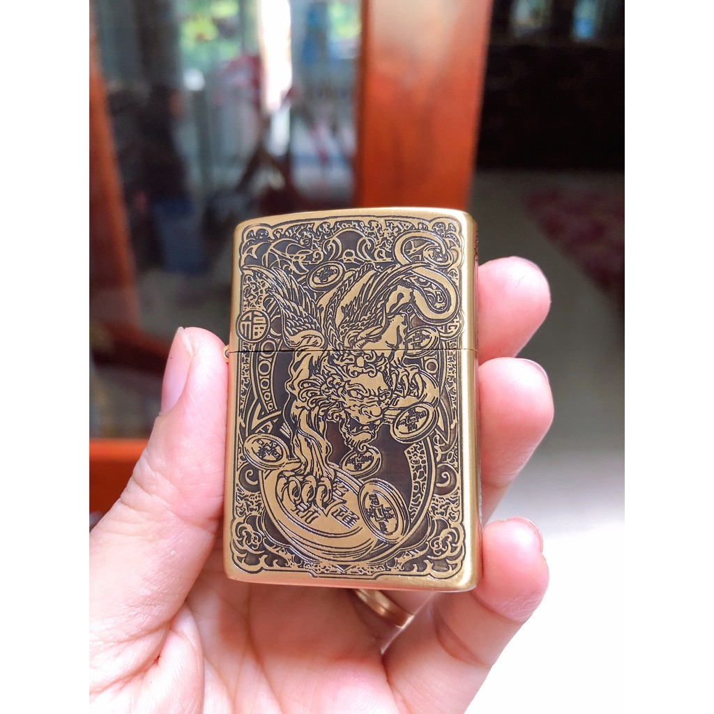 VỎ BẬT LỬA Zippo Tỳ Hưu Khắc Chìm 5 Mặt- MÀU VÀNG - VÀNG