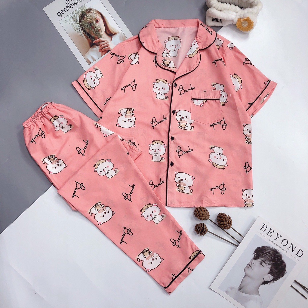 Đồ Ngủ Nữ Pijama Tay Ngắn Quần Dài HATIBO, Bộ Pizama Vải Kate Thái Loại 1 Mặc Nhà Thu Đông