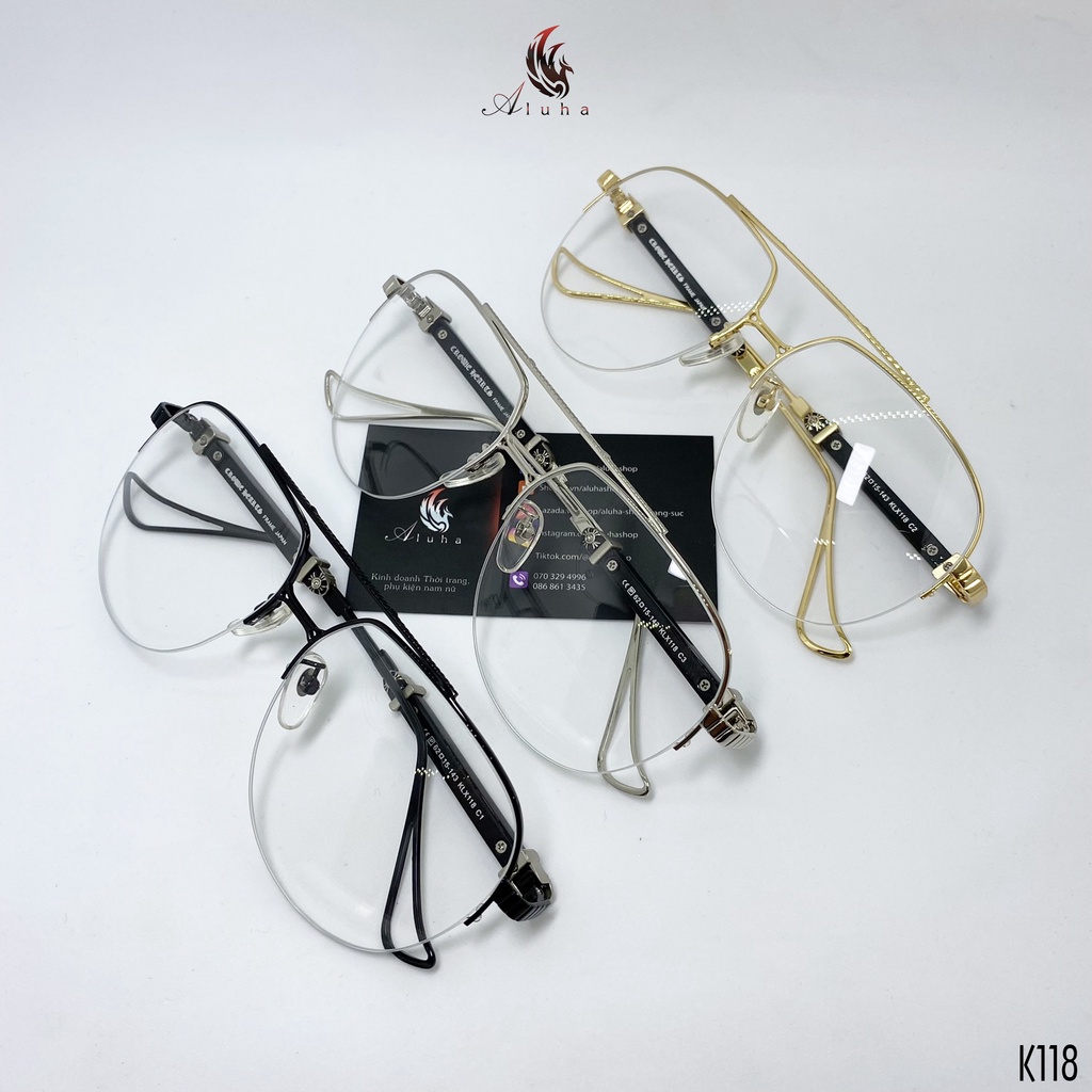 Gọng kính Chrome Heart tròng chống ánh sáng xanh kiểu dáng phi công nửa gọng - K118 - Aluha