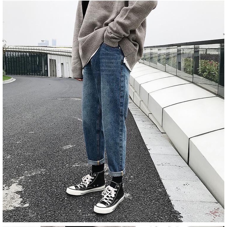 Quần Baggy Jean Trơn Xanh Đậm Unisex Chất Co Giãn