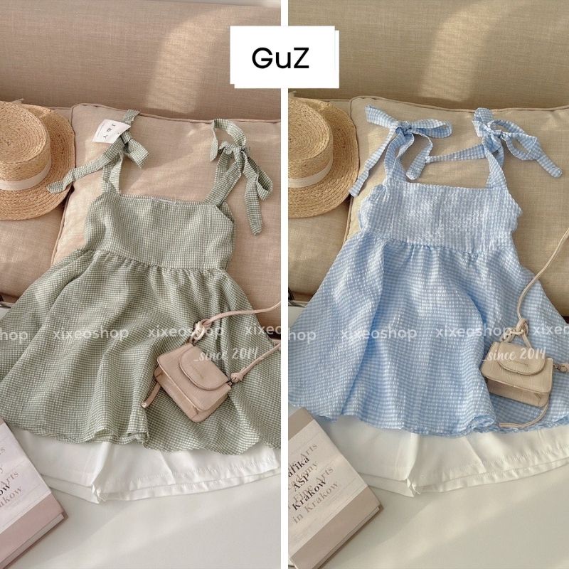 Set đồ ulzzang áo babydoll kẻ caro hai dây buộc nơ kèm quần shorts đùi 2 màu xanh dương và xanh lá mặc tôn da GUZ