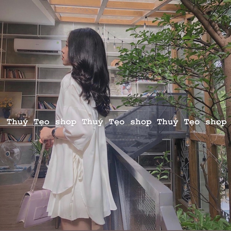 Áo sơ mi nữ cộc tay buộc dây eo - Áo sơ mi lụa hàn nữ chất mịn mát