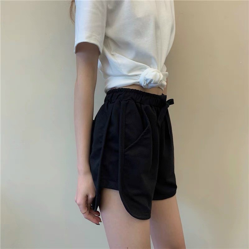 Quần đùi nữ da cá cạp chun ống rộng chất cotton thoáng mát có dây rút basic trơn mặc Thái Lan, quan short/sooc nu