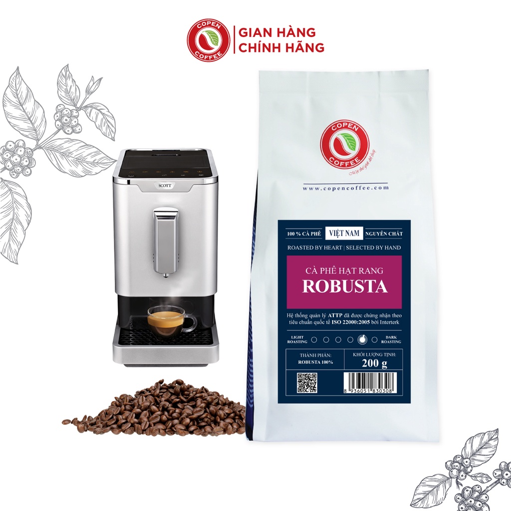 Cà phê hạt rang mộc Robusta Copen Coffee nguyên chất pha máy espresso, pha phin, vị đậm đà, hậu vị sâu - 200g