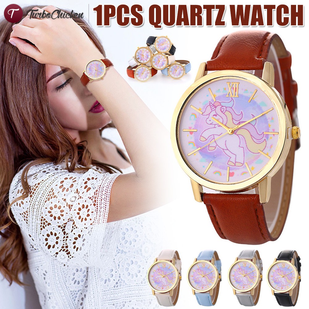 #Đồng hồ đeo tay# Women Watch Watches Happy Unicorn Cartoon Watch Leather Strap Quartz Watch