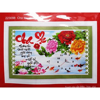 tranh thêu chữ thập thư pháp cha mẹ hoa mẫu đơn đồng hồ kt 60x40cm