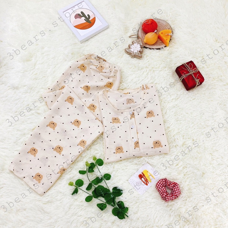 (Ảnh thật - 3bears.store tự chụp) Đồ bộ ngủ nữ dài chất đũi xốp phong cách Hàn Quốc (tay dài, cổ tròn, quần dài) | BigBuy360 - bigbuy360.vn