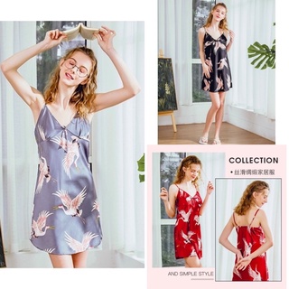 Váy ngủ đầm ngủ sleepwear lụa may cúp ngực satin loại dày dặn dễ thương hình flamingo hồng hạc