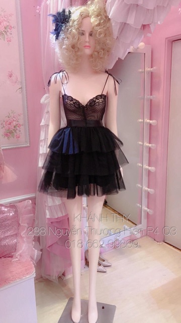 Váy 2 dây voan xoè tầng màu hồng , đen