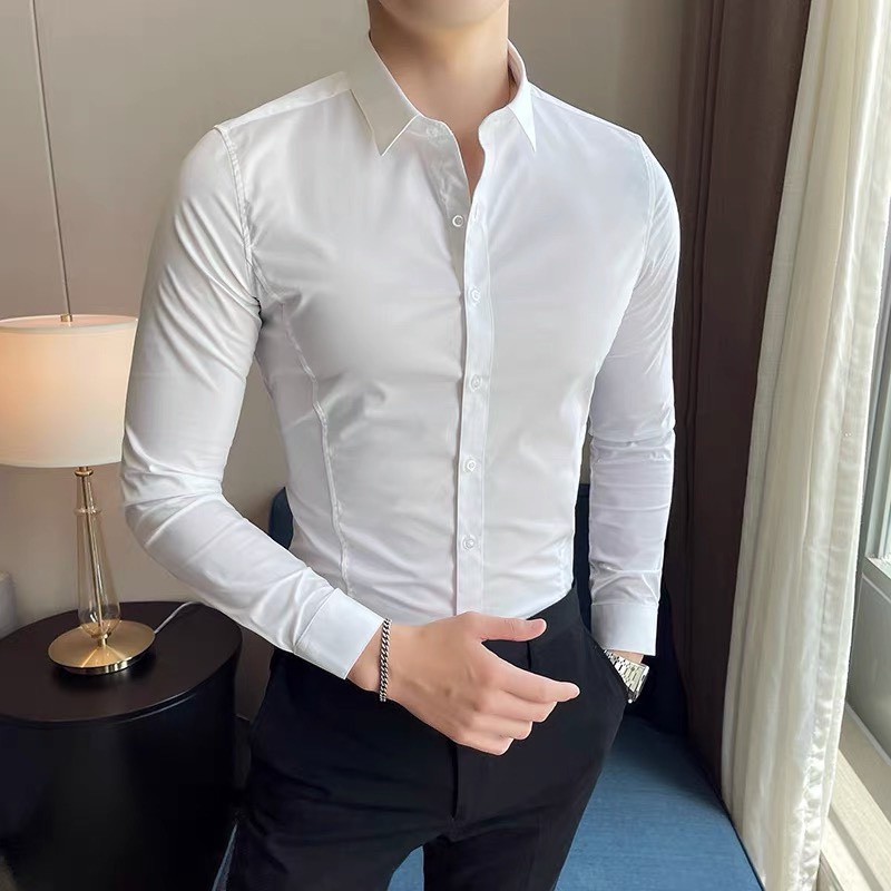 Áo Sơ mi nam trắng trơn A30 - form ôm body công sở sang trọng , áo lụa co giãn dài tay đủ màu trắng đen thời trang