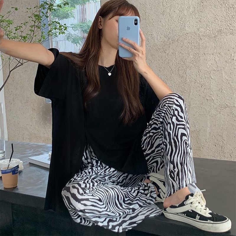Fashionable Zebra Pattern with High Waist Female Long Pants Wide Tube