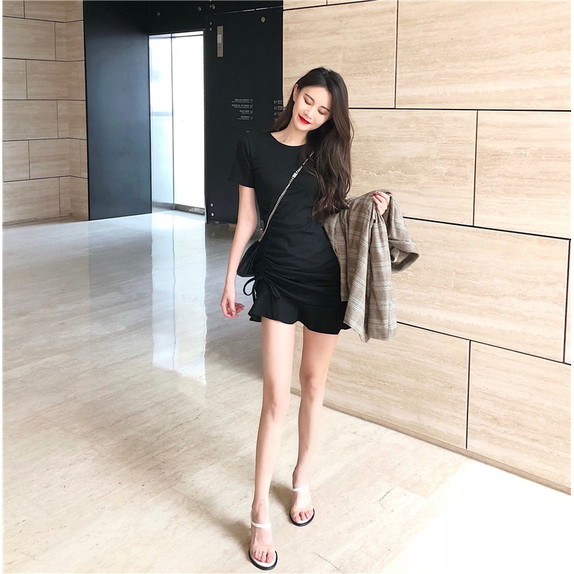 Xiaozhainv Đầm tay ngắn phối dây rút màu trơn phong cách Hàn Quốc | BigBuy360 - bigbuy360.vn