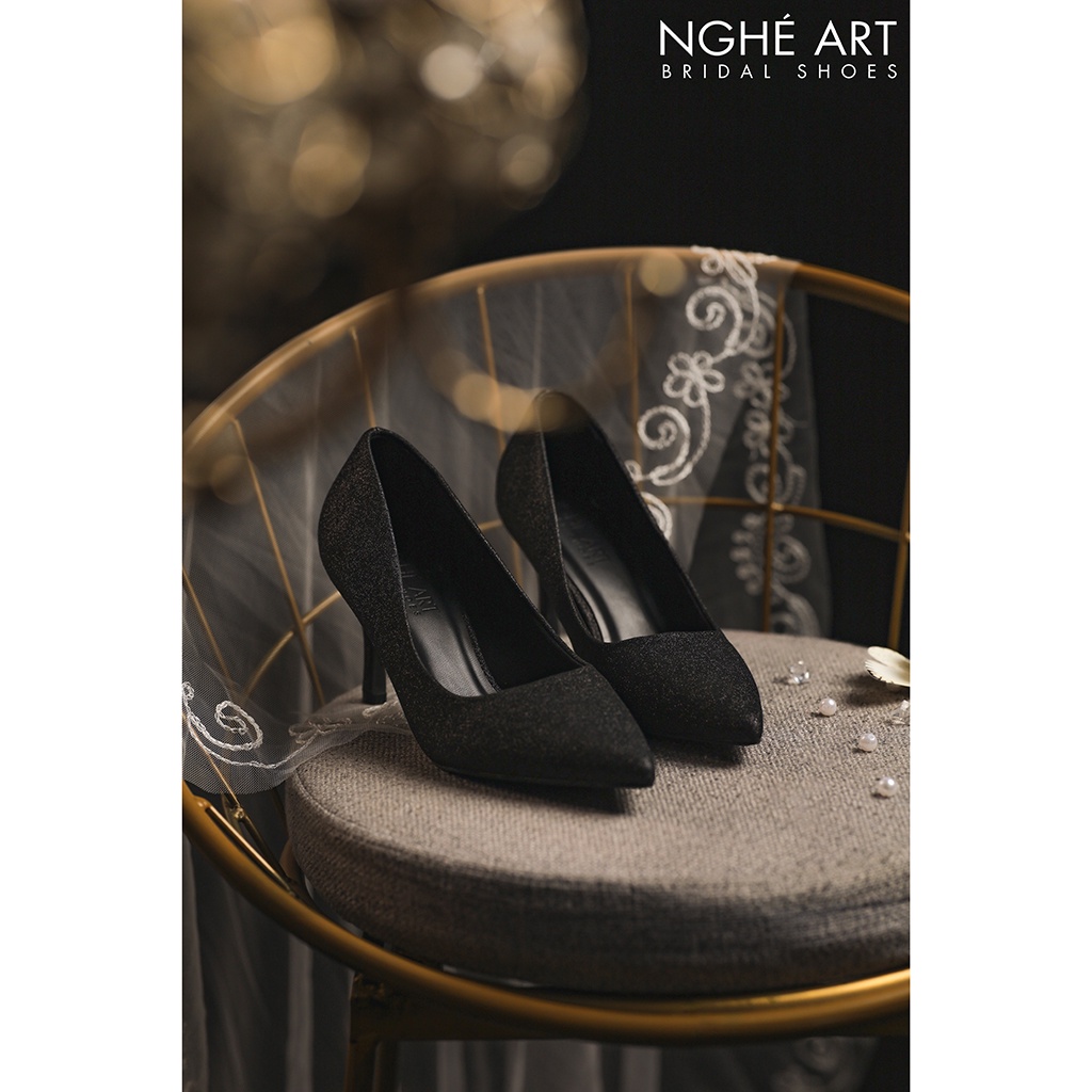 Giày cưới Nghé Art cao gót kim tuyến đen 357