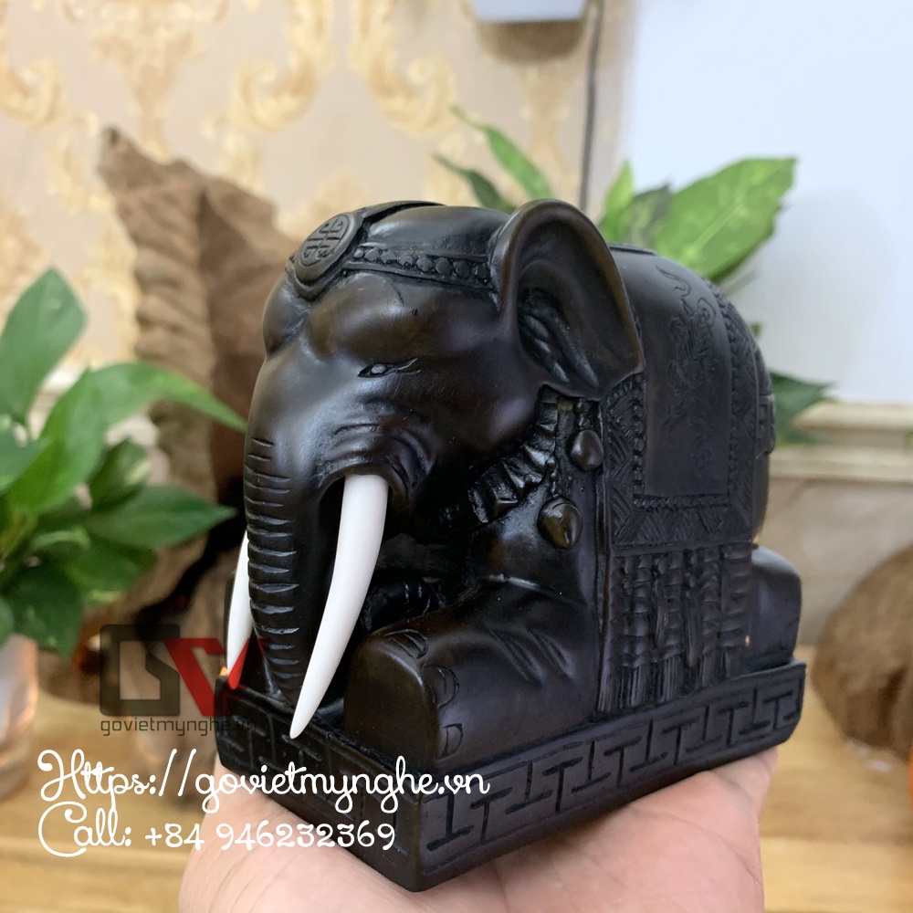 Tượng voi đá phong thủy trang trí nhà cửa dáng voi quỳ phục để bảo vệ Gia chủ - Dài 12cm - Màu Nâu Đen