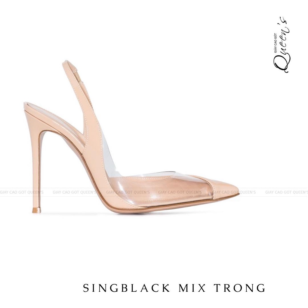 Giày Cao Gót Slingback Màu Nude Mix Nhựa Trong Gót Nhọn Mũi Nhọn Da Bóng Cao Cấp Sang Trọng Hiện Đại Cao 8-10-11cm
