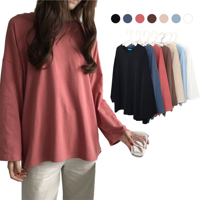SUXI Áo thun cotton tay dài dáng rộng