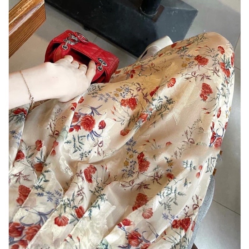 VÁY HOA NHÍ CỘC TAY DÁNG DÀI XẾP LI NGỰC HOA NỔI