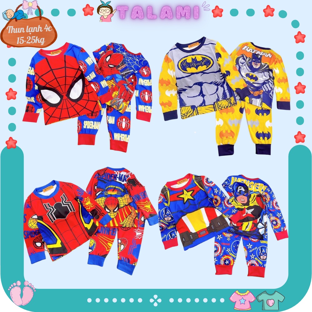 Quần áo bé trai, bộ dài tay thu đông siêu nhân thun lạnh 4 chiều loại đẹp in hình 3D toàn thân cho bé 15-25kg