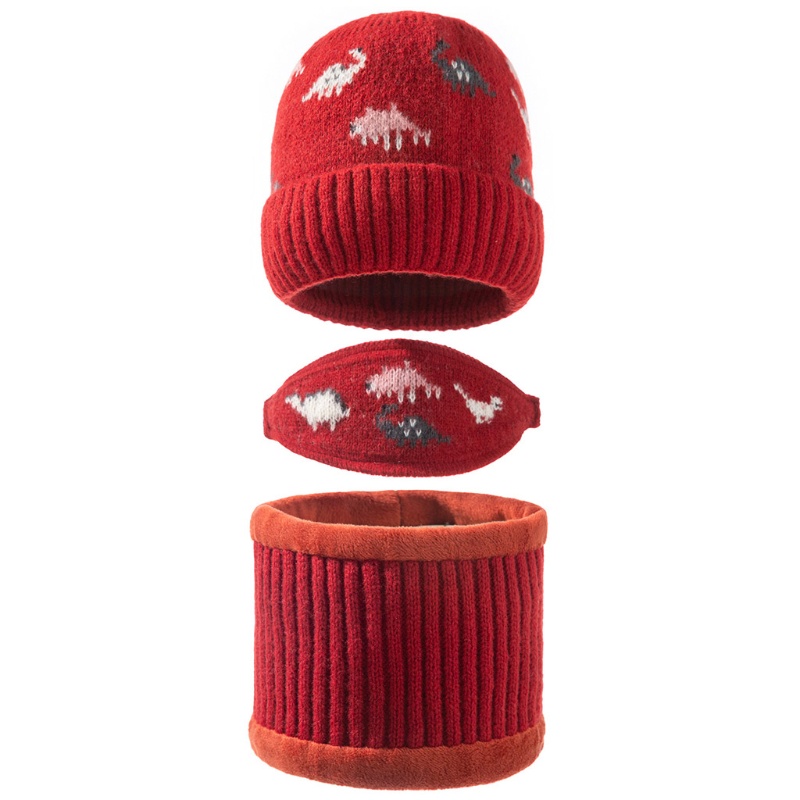 Bộ 3 Món Gồm Mũ beanie Dệt Kim Che Mặt Và Khăn Choàng Cổ Hình Khủng Long Giữ Ấm Mùa Đông Cho Bé