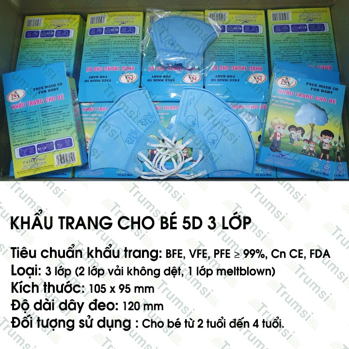 Khẩu trang y tế 5D 3 lớp Nam Anh Famapro kháng khuẩn chống bụi cao cấp an toàn không kích ứng da cho em bé quai thun