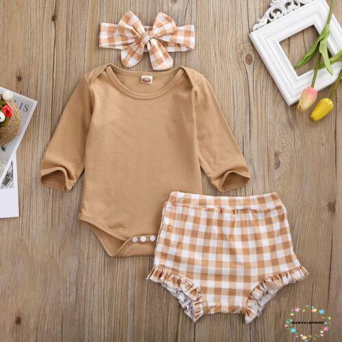 ღWSVღ3PCS Toddler Baby Girls Cotton Long Sleeve Romper Bodysuit Ruffle Plaid Short Pants Headband Clothes Outfit Set