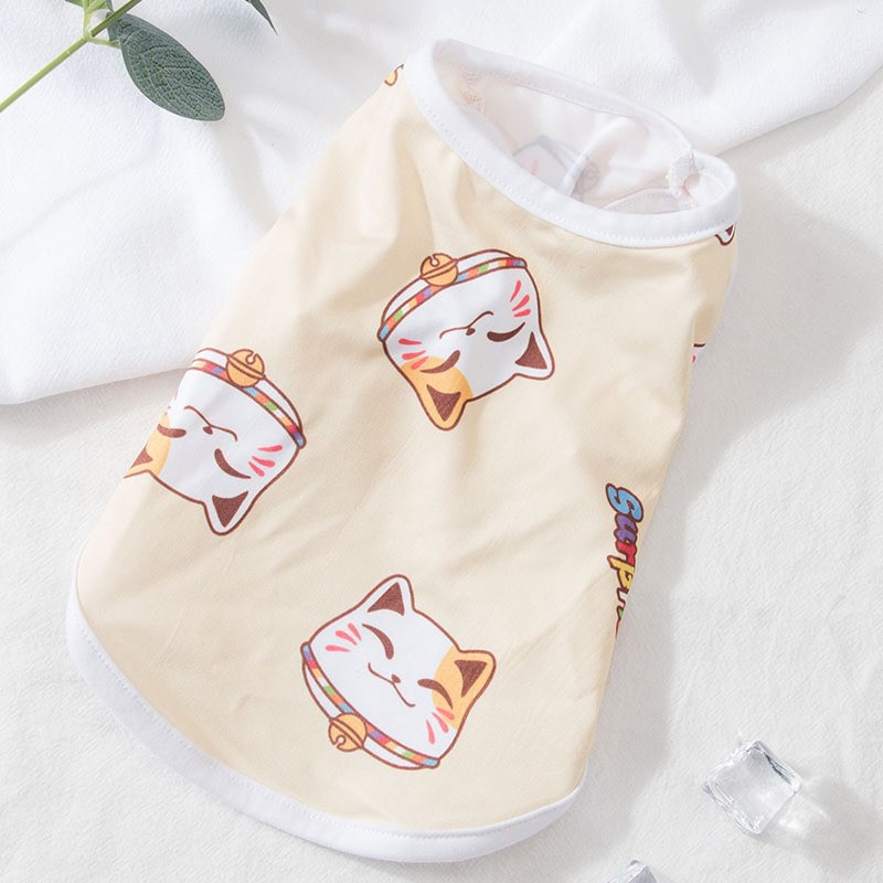 áo ba lỗ in hình khủng long và mèo thần tài cho chó mèo