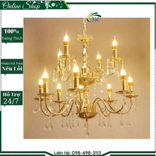 Đèn Chùm treo Trần 12 tay 2 tầng  Buông Đá - Kim loại Thép Sơn Tĩnh Điện Chống Rỉ