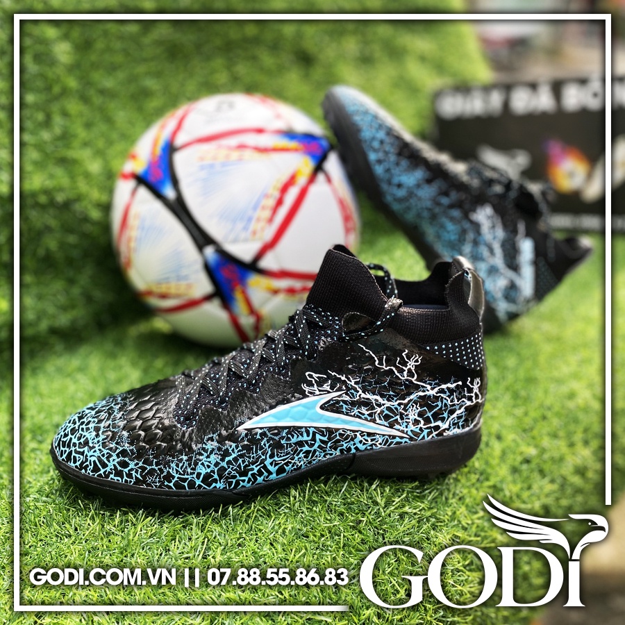 Giày đá banh cổ cao màu đen_Giày bóng đá sân cỏ nhân tạo đinh TF từ size 38 tới size 44_Giày đá bóng cổ thun GODI