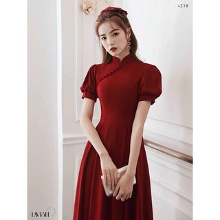 ĐẦM MIDI ĐỎ CỔ TÀU NÚT BỌC