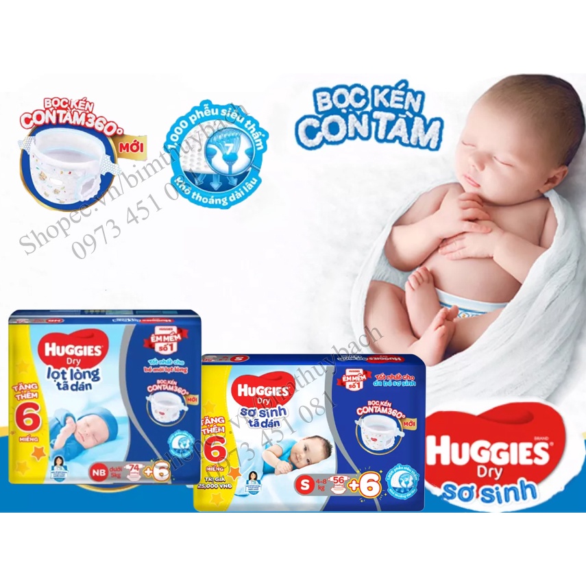 Tã dán sơ sinh Huggies S56, NB74,S88 mẫu mới bọc kén con tăm êm mềm