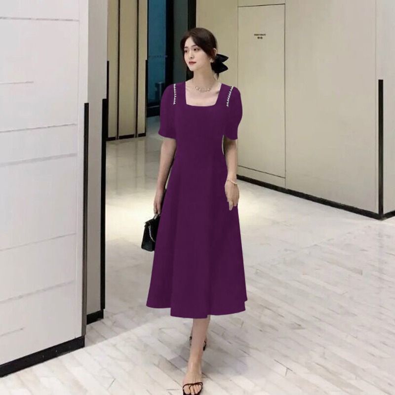 Đầm chữ A RENJIANVSHENG 153011 tay ngắn kiểu Hepburn dài qua gối cổ vuông cỡ lớn thiết kế thanh lịch thời trang cho nữ