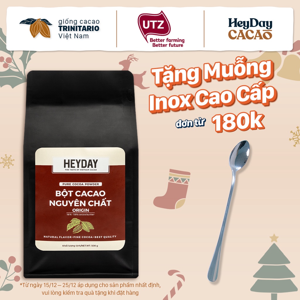 Túi zip 500g Bột cacao nguyên chất 100% không đường Heyday - Dòng Origin thượng hạng - Chuẩn UTZ Quốc Tế