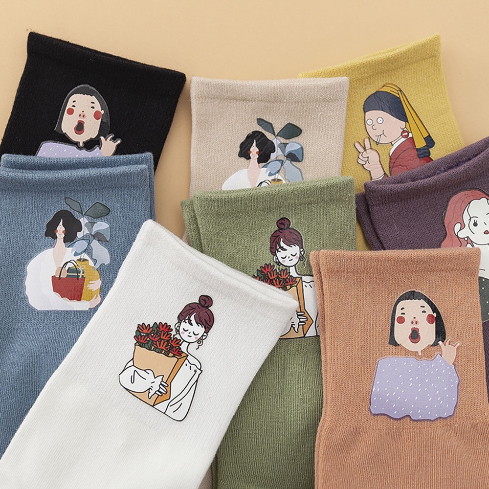 Vớ Cotton Cổ Cao In Họa Tiết Dễ Thương Phong Cách Nhật Hàn Cho Nữ