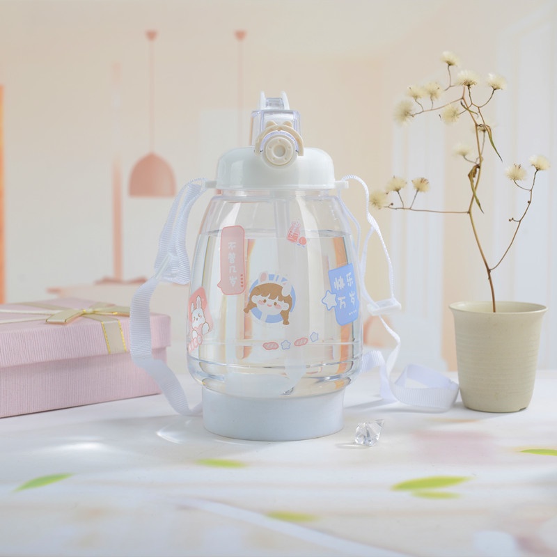 Bình nước trong suốt 1.3L có dây đeo tặng kèm ống hút và sticker (BNT13)