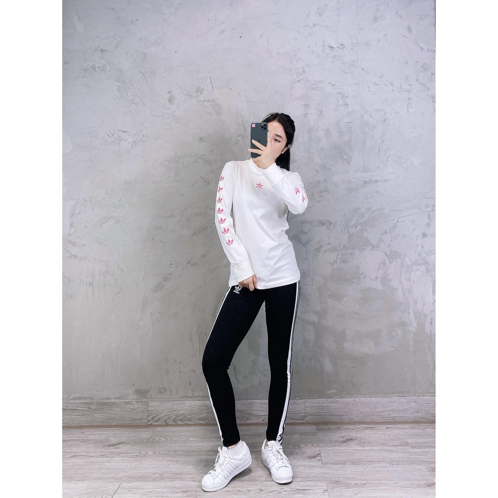 (HÀNG XUẤT XỊN) Áo das trắng tay dài 1733 REPEAT TREFOIL LS TEE WHITE/PINK Made in Cambodia full tag code  SIZE S M L