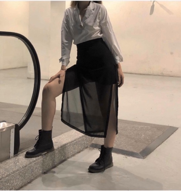Chân váy đen midi xẻ tè from dài Chiffon Skirt thiết kế độc lạ from chuẩn dễ mix dễ phối đồ | BigBuy360 - bigbuy360.vn