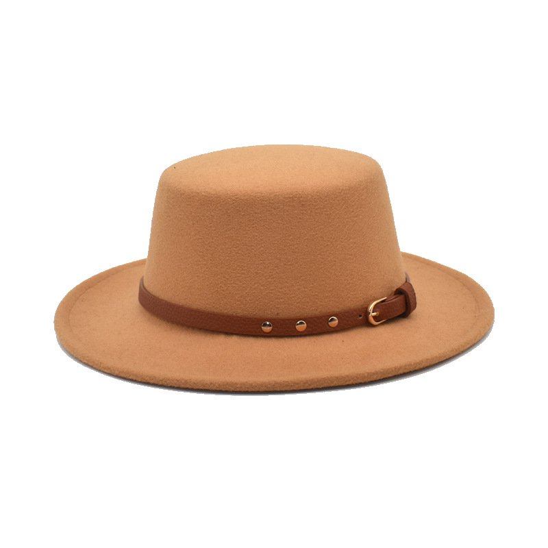 Women's Autumn and Winter New Flat-Top Cap Belt Accessories Woolen Hat Panama Fedora Hat Men's Hat
