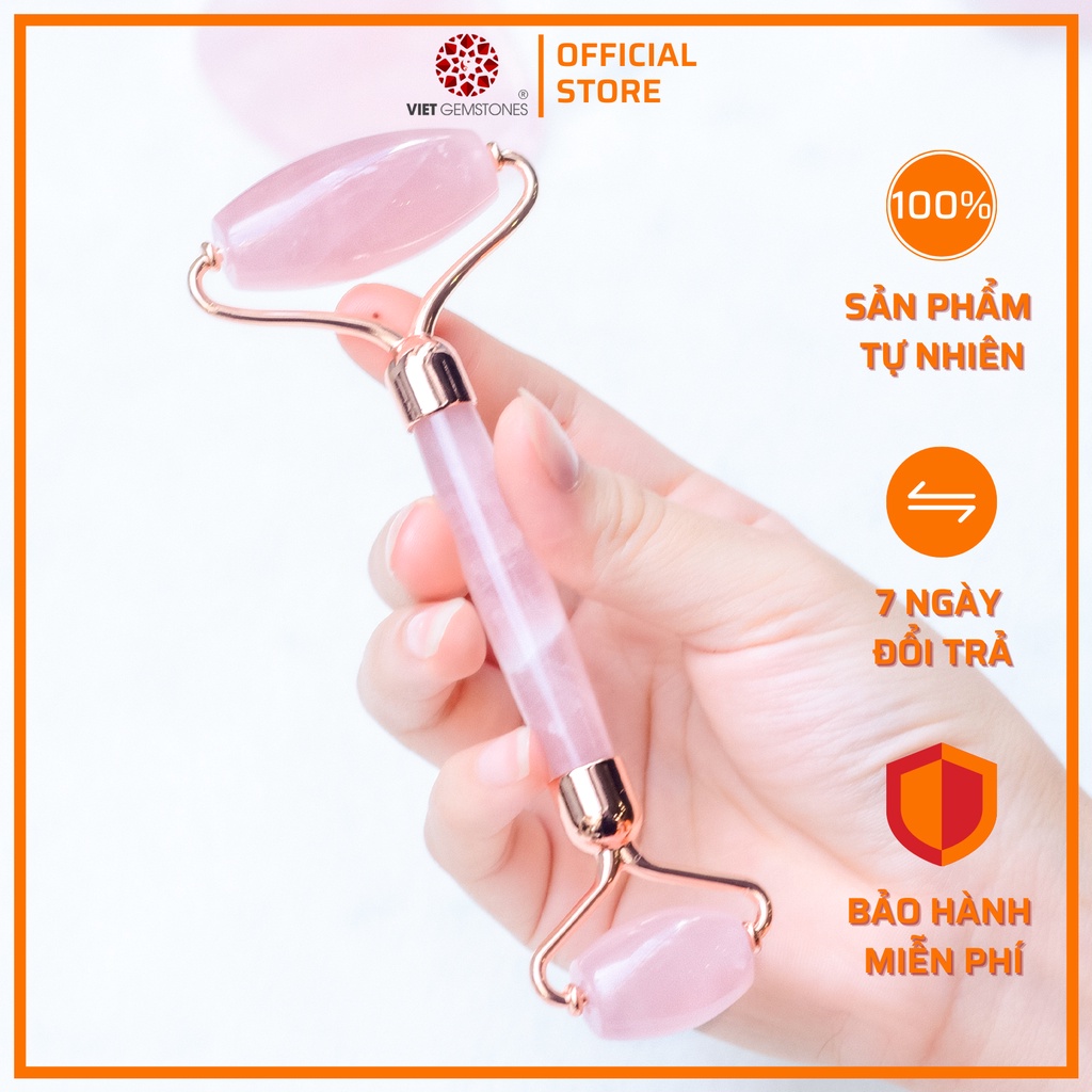 Thanh lăn massage đá hồng Rose Quartz loại 1 - Hợp kim thép không rỉ, gia công chắc chắn | thương hiệu VietGemstones