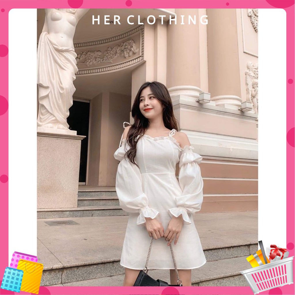 Đầm nữ trắng trễ vai dễ thương dạo phố