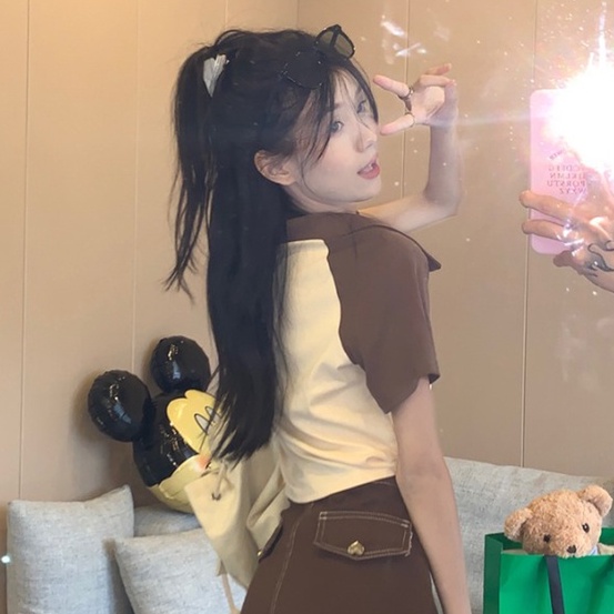 Áo thun croptop ZHELIHANGFEI tay ngắn cổ polo in chữ phong cách vintage Mỹ tùy chọn màu sắc