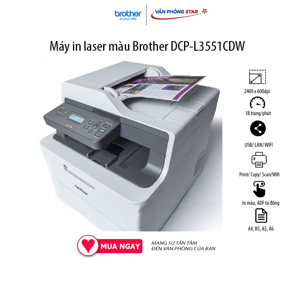 Máy in laser màu Brother DCP-L3551CDW (Print/ Copy/ Scan/Wifi) tốc độ 18 trang/phút đảo mặt tự động