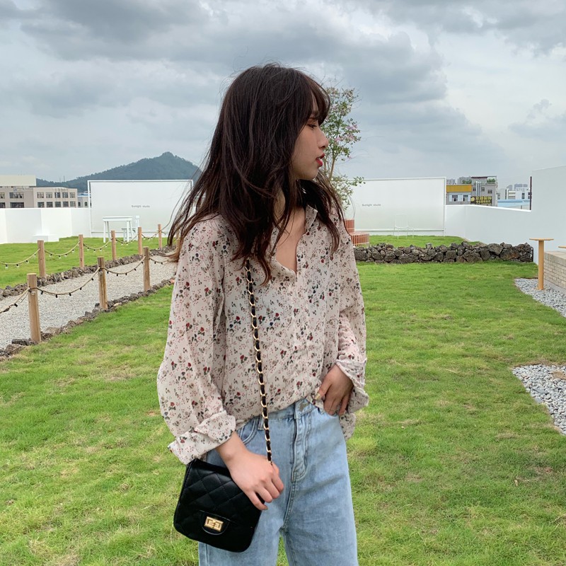 Xiaozhainv Áo voan hoa cổ tim dài tay phong cách Hàn Quốc dành cho nữ | BigBuy360 - bigbuy360.vn