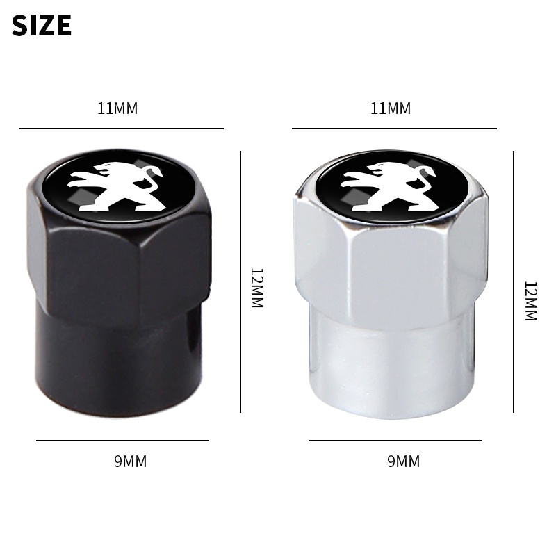 Bộ 4 Nắp Van Bánh Xe Hơi Bằng Nhôm Màu Đen / Bạc Hình Lục Giác Cho Peugeot 308 206 207 408 508 RCZ 208 3008 2008 4008