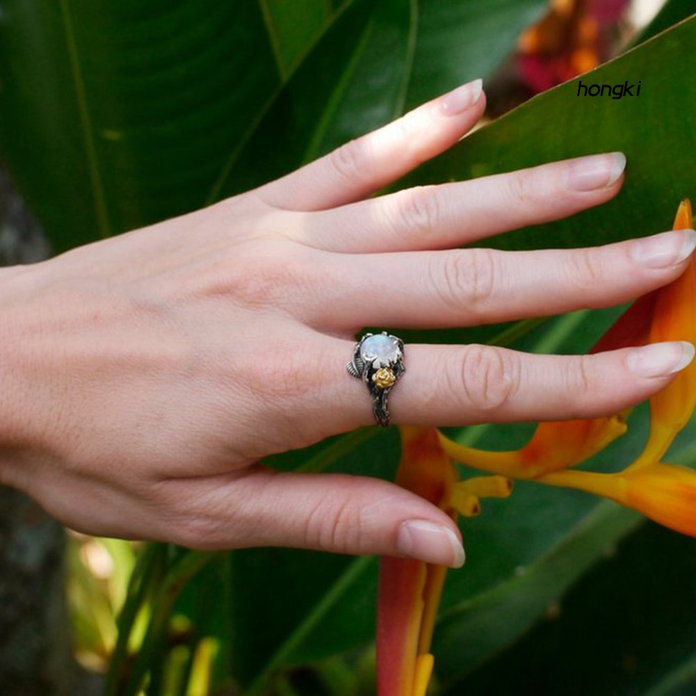 Nhẫn Đính Đá Mặt Trăng Nhân Tạo Hình Hoa Hồng Phong Cách Vintage