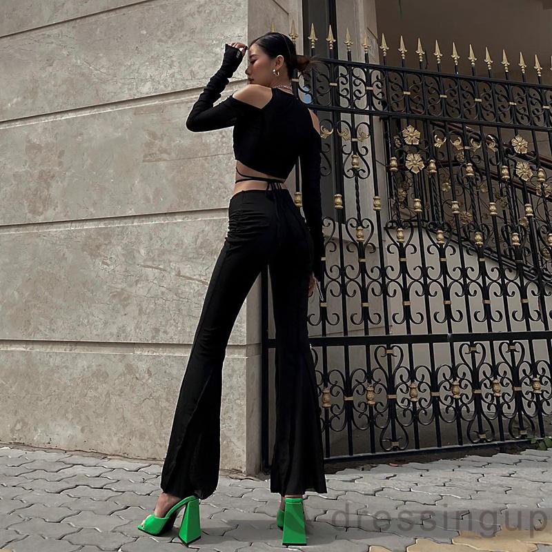 Áo Croptop Tay Dài Cổ Chữ V Màu Sắc Trơn Thiết Kế Dây Đan Chéo Sành Điệu