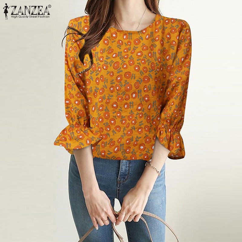 ZANZEA Áo Kiểu Tay Phồng Cổ Tròn 3 / 4 Thời Trang Dành Cho Nữ