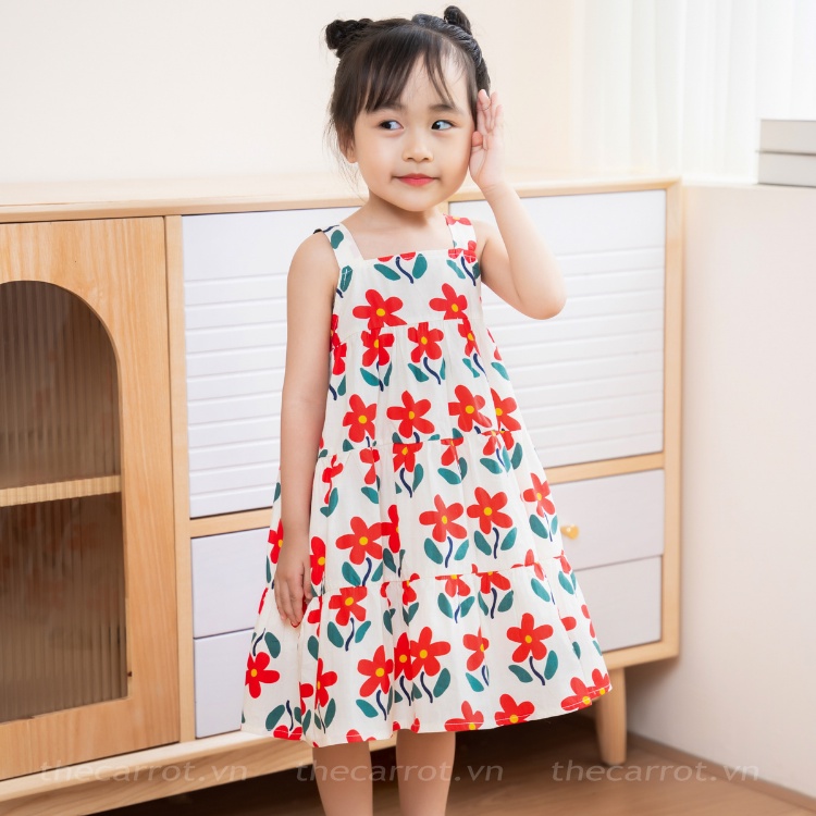 Váy Bé Gái Carrot Hai Dây, Họa Tiết Hoa Đỏ, Chất Liệu Thô Cotton Thấm Hút Mồ Hôi